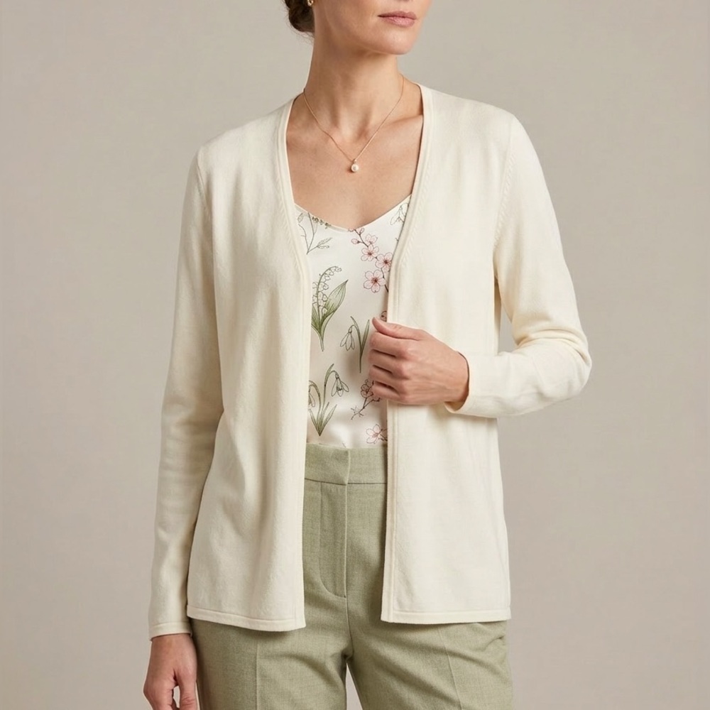 Talbots Long Sleeve Cardigan Size MP Ivory Open Front Minimalist Quiet Luxury